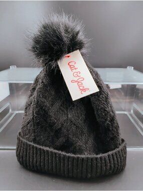 Cat & Jack Black Knit Pom-Pom Winter Hat Cozy Cable Knit Design